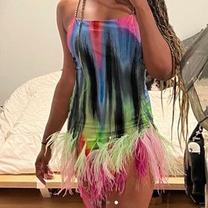 THE ATTICO FUJIKO PRINTED MINI DRESS W/ FEATHERS